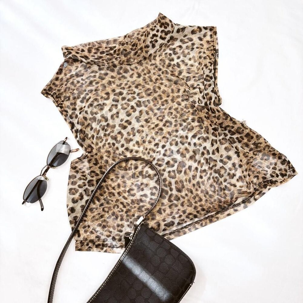 Urban Renewal | size L | sheer leopard print mesh mock neck crop top - Picture 2 of 5